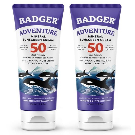 Badger Reef Safe Mineral Sunscreen, SPF 50, 98% Organic with Zinc Oxide, Non Toxic, Water Resistant, Unscented & Hypoallergenic, Broad - Spectrum, For Adventure & Sport, 2.9 fl oz