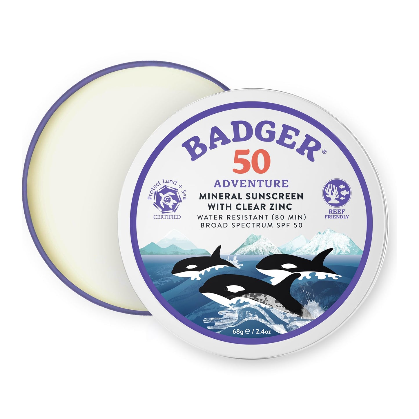 Badger Reef Safe Mineral Sunscreen, SPF 50, 98% Organic with Zinc Oxide, Non Toxic, Water Resistant, Unscented & Hypoallergenic, Broad - Spectrum, For Adventure & Sport, 2.9 fl oz