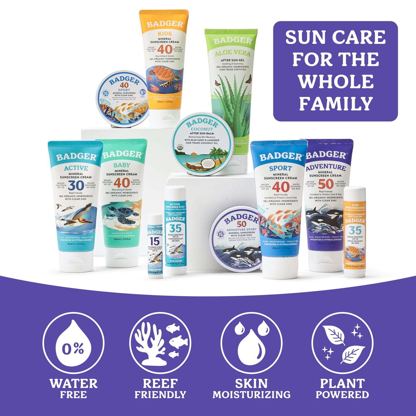 Badger Reef Safe Mineral Sunscreen, SPF 50, 98% Organic with Zinc Oxide, Non Toxic, Water Resistant, Unscented & Hypoallergenic, Broad - Spectrum, For Adventure & Sport, 2.9 fl oz
