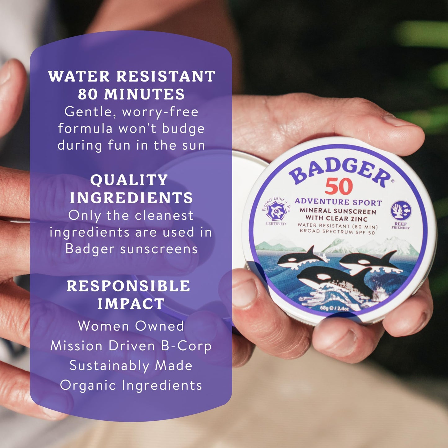 Badger Reef Safe Mineral Sunscreen, SPF 50, 98% Organic with Zinc Oxide, Non Toxic, Water Resistant, Unscented & Hypoallergenic, Broad - Spectrum, For Adventure & Sport, 2.9 fl oz