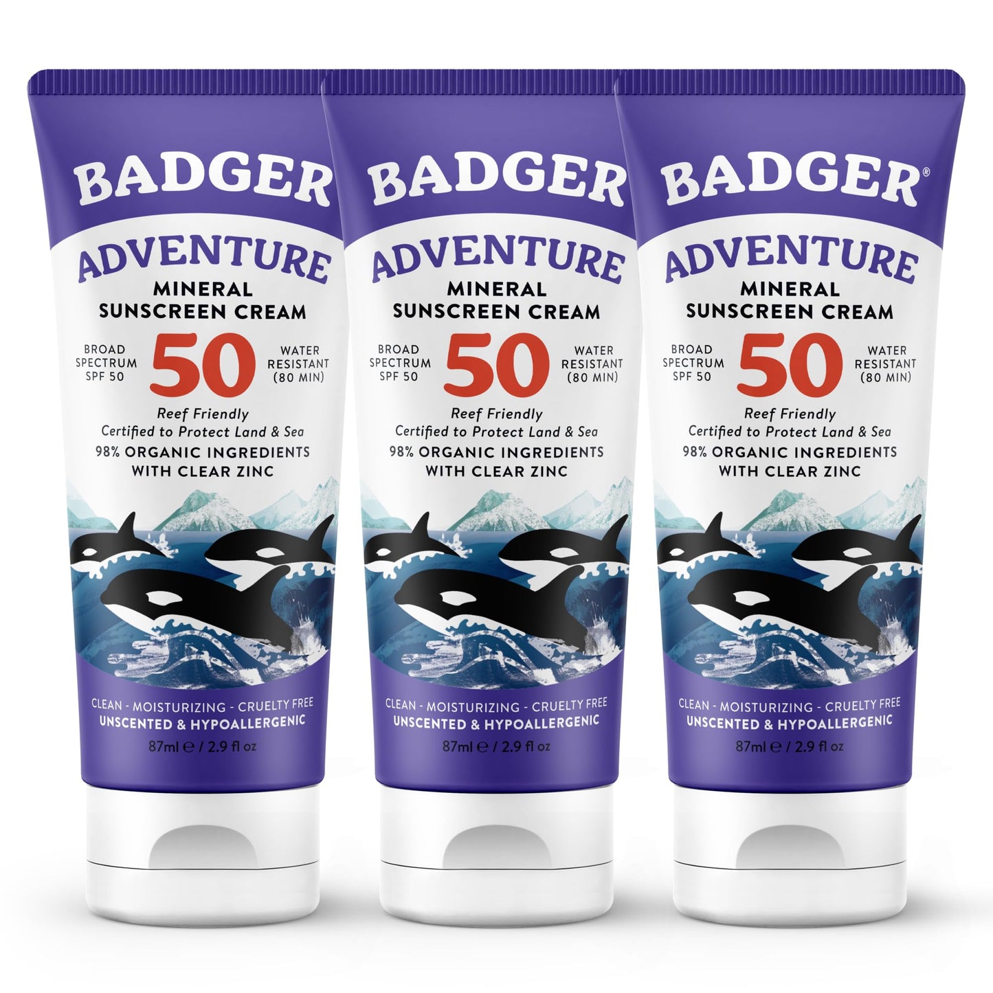 Badger Reef Safe Mineral Sunscreen, SPF 50, 98% Organic with Zinc Oxide, Non Toxic, Water Resistant, Unscented & Hypoallergenic, Broad - Spectrum, For Adventure & Sport, 2.9 fl oz
